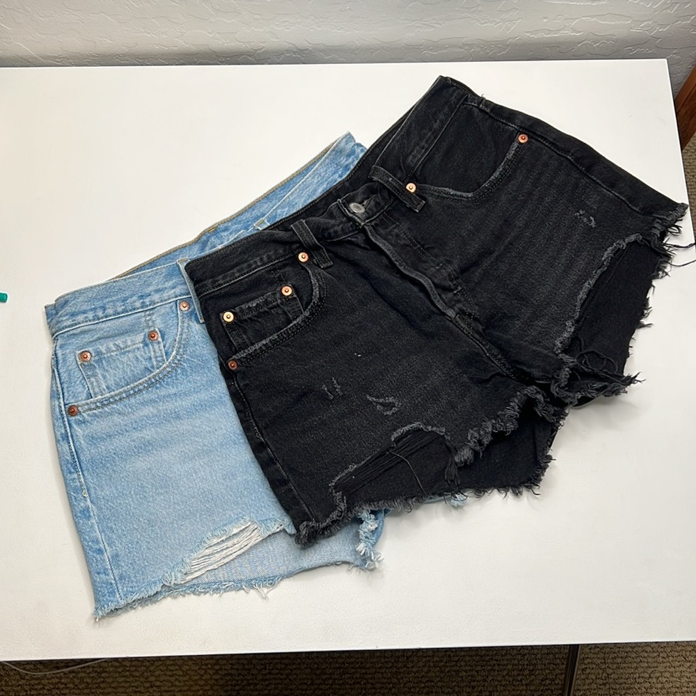 Levi's Black & Light Blue Denim Jean Shorts - Distressed Cutoffs